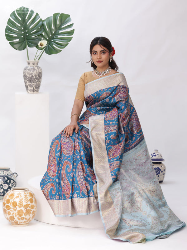 Turquoise Blue - Pale Teal Kanchipuram Silk Saree