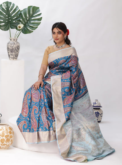 Turquoise Blue - Pale Teal Kanchipuram Silk Saree
