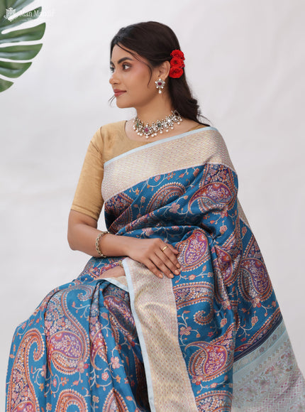 Turquoise Blue - Pale Teal Kanchipuram Silk Saree