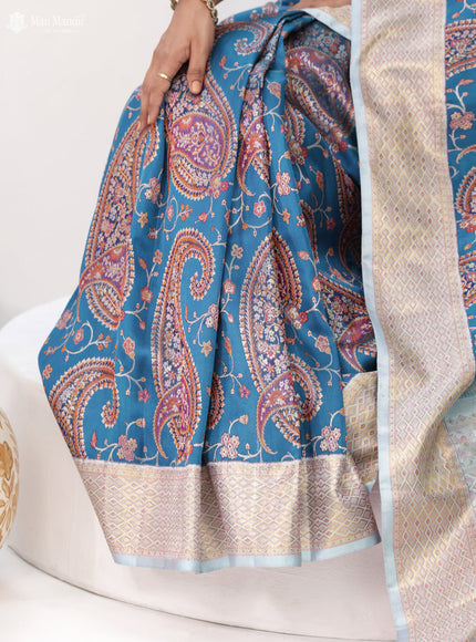 Turquoise Blue - Pale Teal Kanchipuram Silk Saree