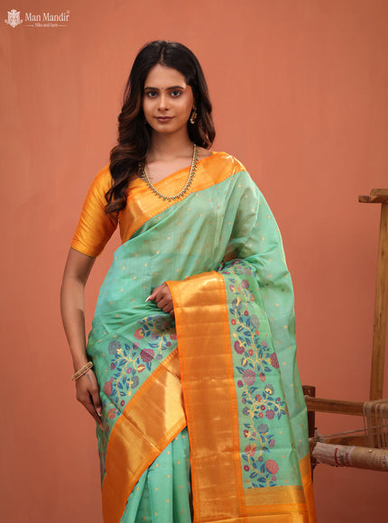 Teal Green - Orange Kanchipuram Kora Silk Saree