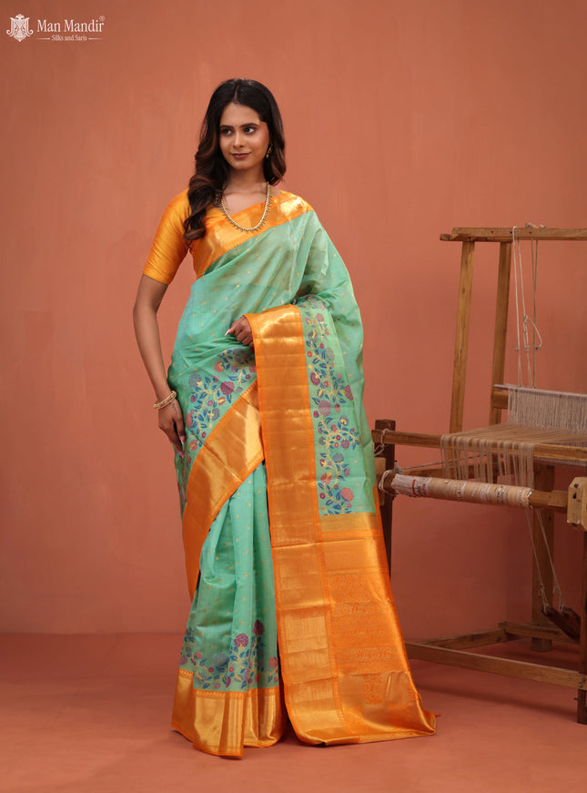 Teal Green - Orange Kanchipuram Kora Silk Saree