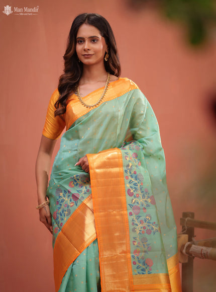 Teal Green - Orange Kanchipuram Kora Silk Saree