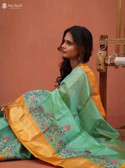Teal Green - Orange Kanchipuram Kora Silk Saree