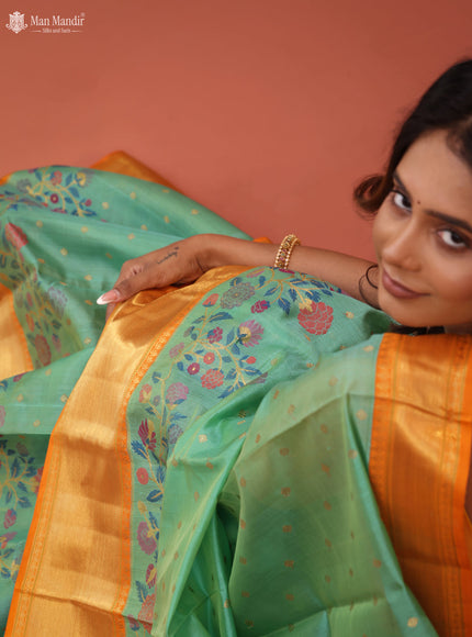 Teal Green - Orange Kanchipuram Kora Silk Saree