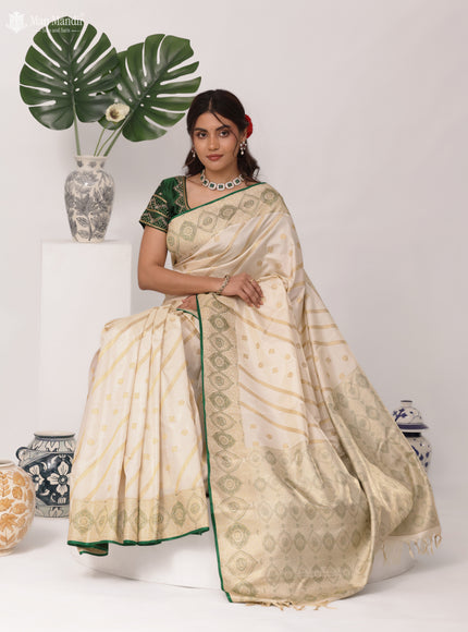 Cream - Green Kanchipuram Silk Saree