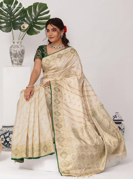 Cream - Green Kanchipuram Silk Saree