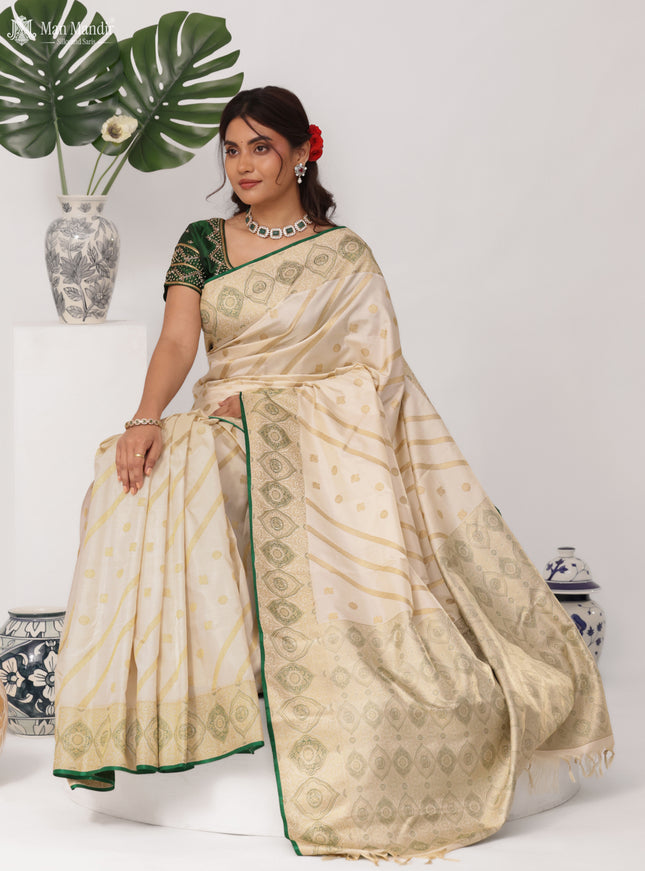 Cream - Green Kanchipuram Silk Saree