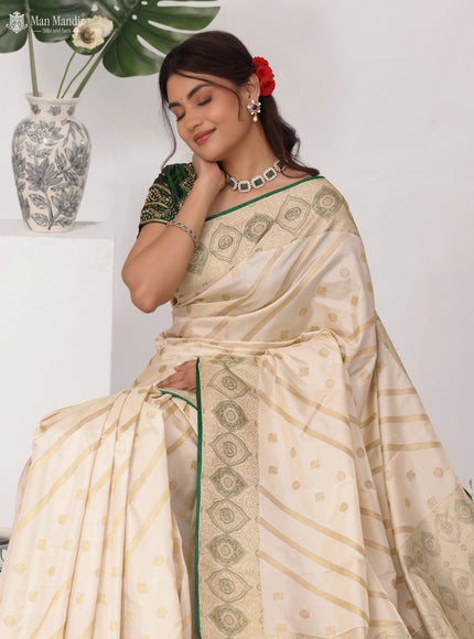 Cream - Green Kanchipuram Silk Saree