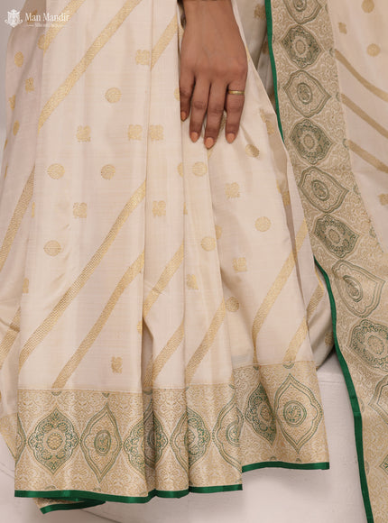 Cream - Green Kanchipuram Silk Saree
