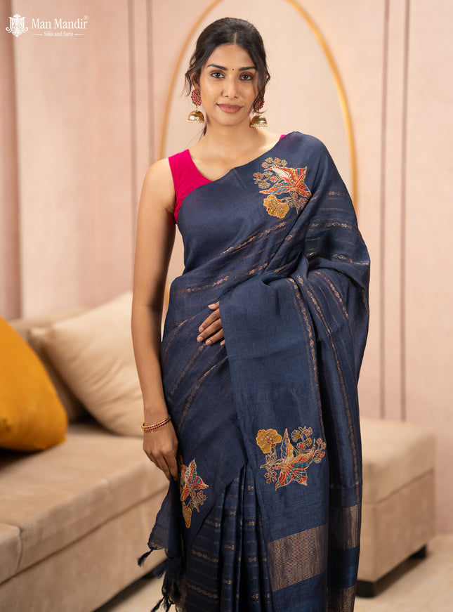 Blue Tussar Silk Saree
