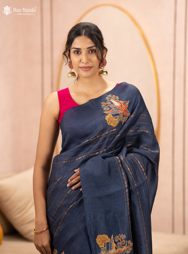 Blue Tussar Silk Saree