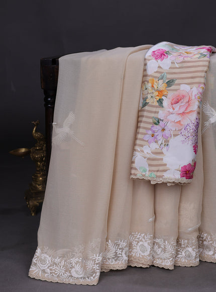 Beige And Off White Chiffon Saree Parsi Embroidery