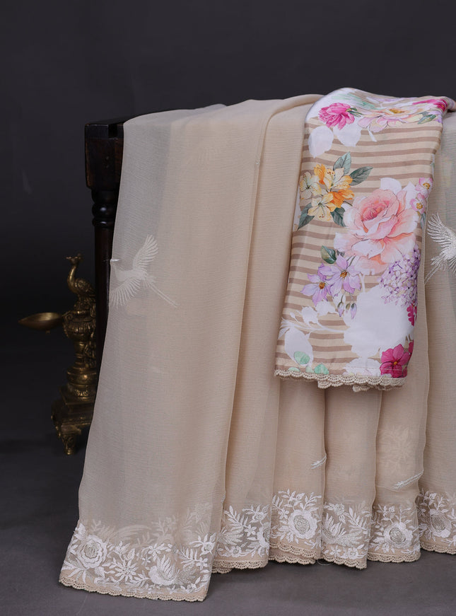 Beige And Off White Chiffon Saree Parsi Embroidery