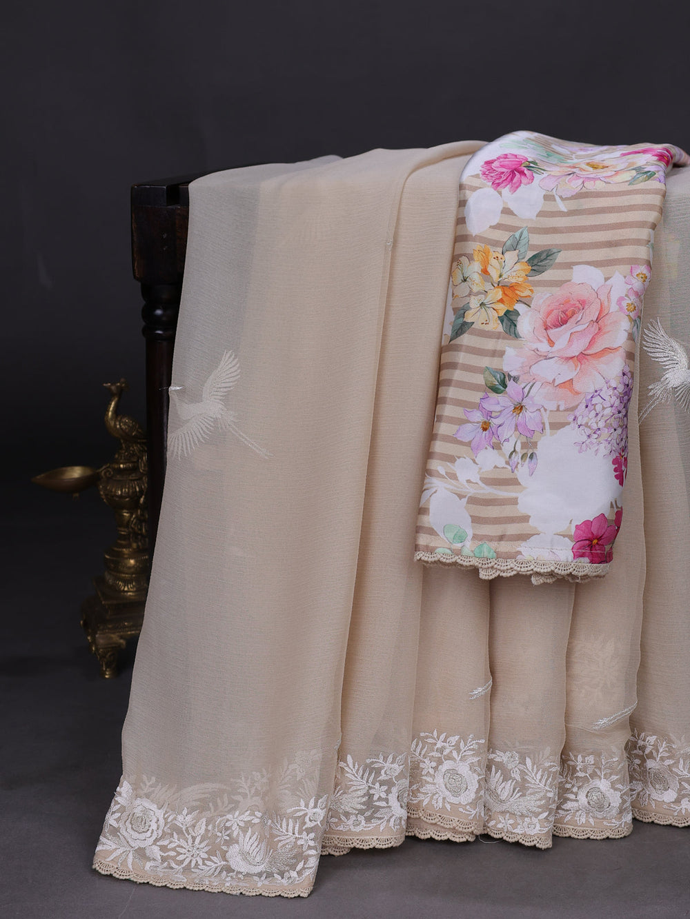 Beige And Off White Chiffon Saree Parsi Embroidery