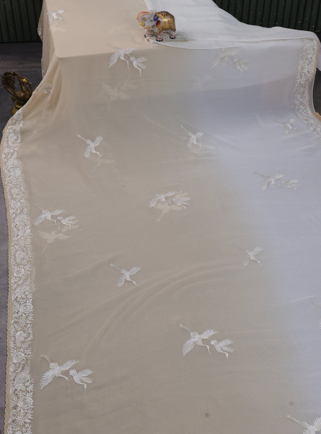 Beige And Off White Chiffon Saree Parsi Embroidery
