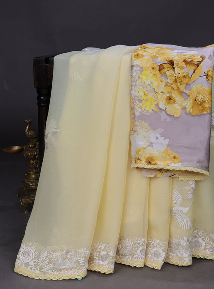 Lemon Yellow And Off White Chiffon Saree Parsi Embroidery
