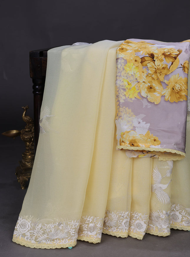 Lemon Yellow And Off White Chiffon Saree Parsi Embroidery
