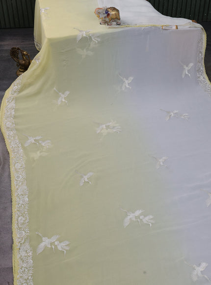 Lemon Yellow And Off White Chiffon Saree Parsi Embroidery