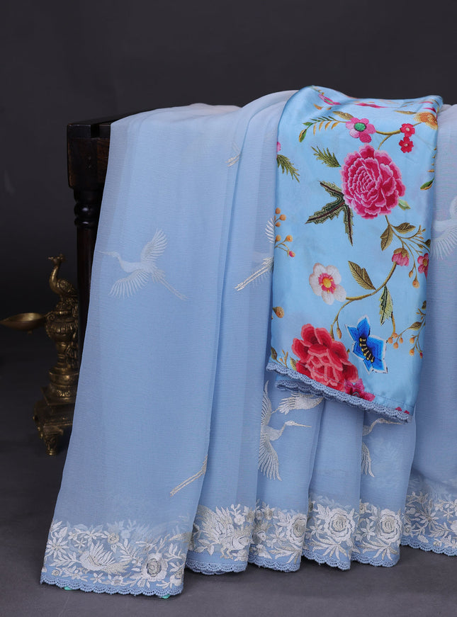 Aqua Blue And Off White Chiffon Saree Parsi Embroidery