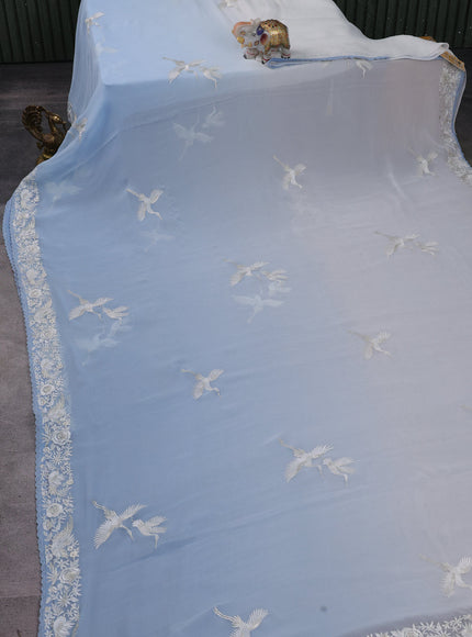 Aqua Blue And Off White Chiffon Saree Parsi Embroidery