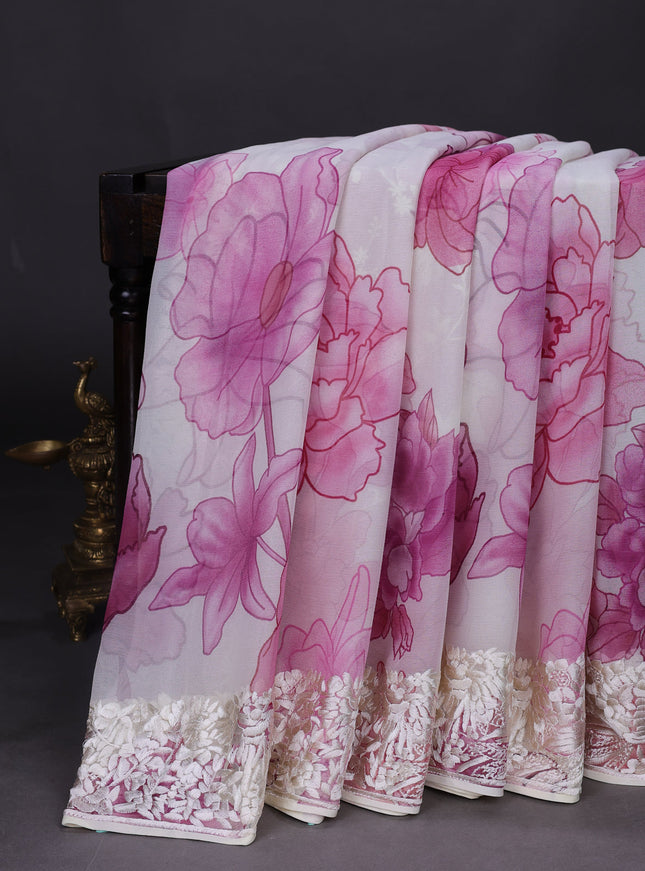 Cream Chiffon Saree Parsi Embroidery
