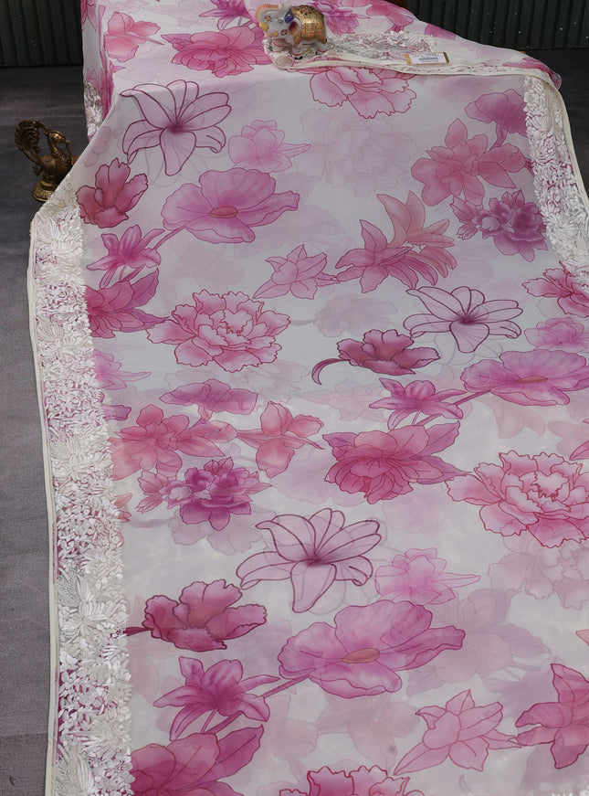 Cream Chiffon Saree Parsi Embroidery