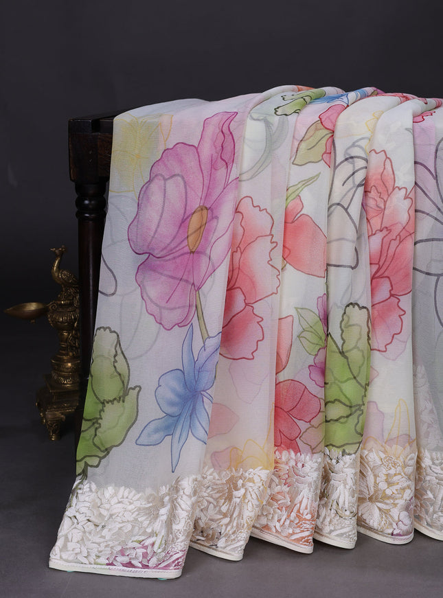 Cream Chiffon Saree Parsi Embroidery
