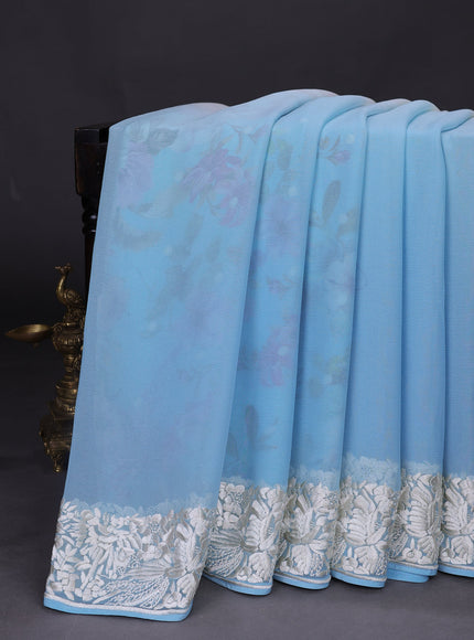 Aqua Blue And Off White Chiffon Saree Parsi Embroidery