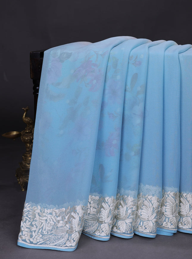 Aqua Blue And Off White Chiffon Saree Parsi Embroidery
