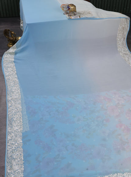 Aqua Blue And Off White Chiffon Saree Parsi Embroidery