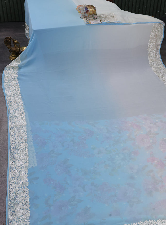 Aqua Blue And Off White Chiffon Saree Parsi Embroidery