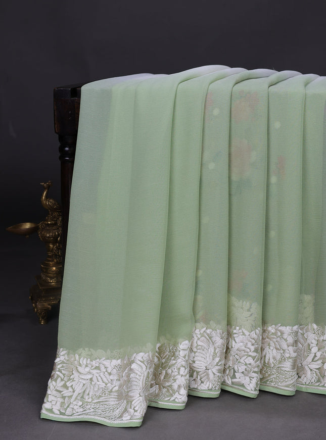 Pista Green And Off White Chiffon Saree Parsi Embroidery