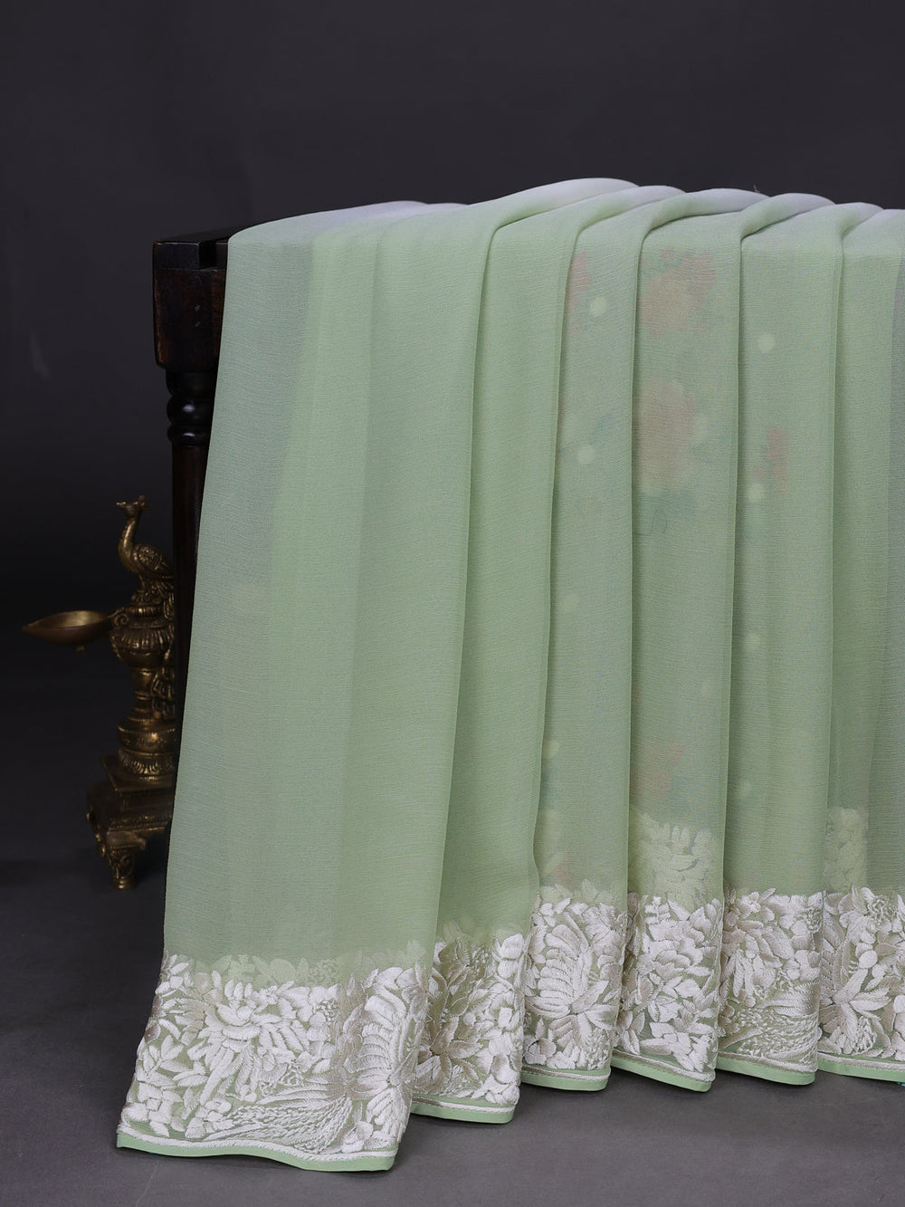 Pista Green And Off White Chiffon Saree Parsi Embroidery