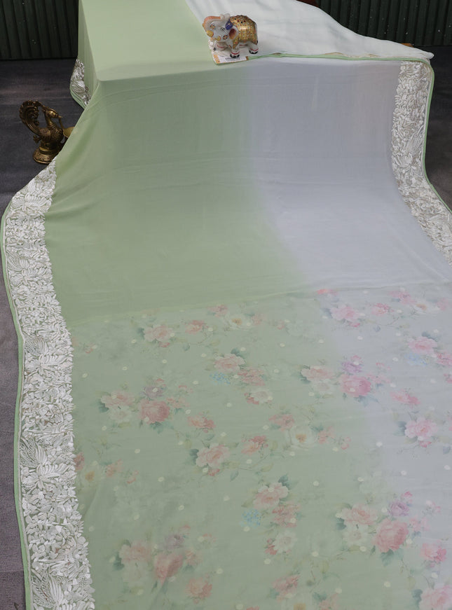 Pista Green And Off White Chiffon Saree Parsi Embroidery