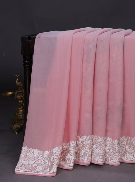 Peach And Off White Chiffon Saree Parsi Embroidery