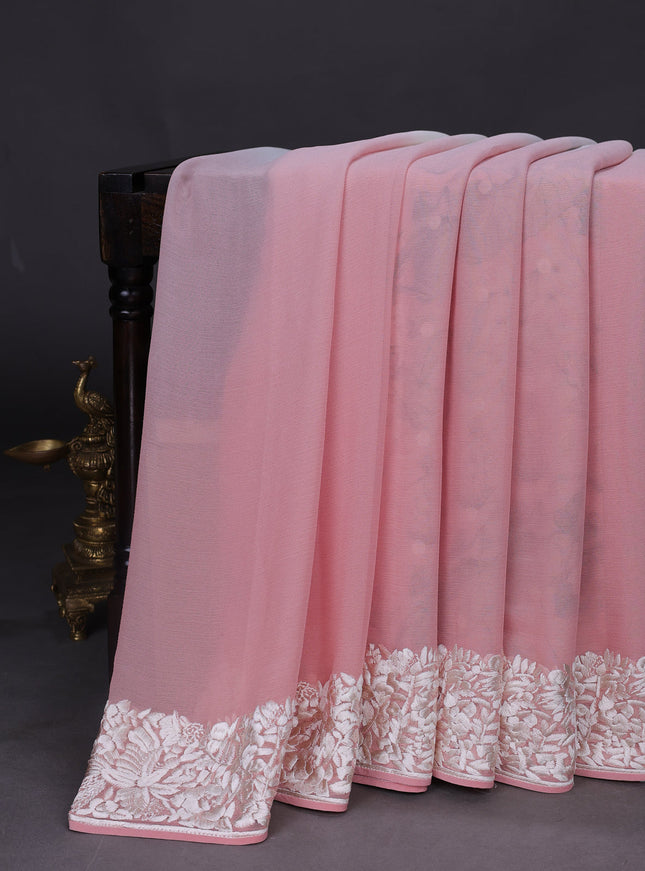 Peach And Off White Chiffon Saree Parsi Embroidery