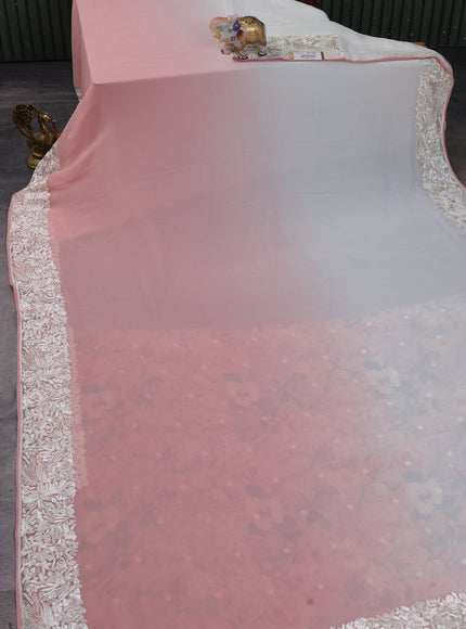 Peach And Off White Chiffon Saree Parsi Embroidery