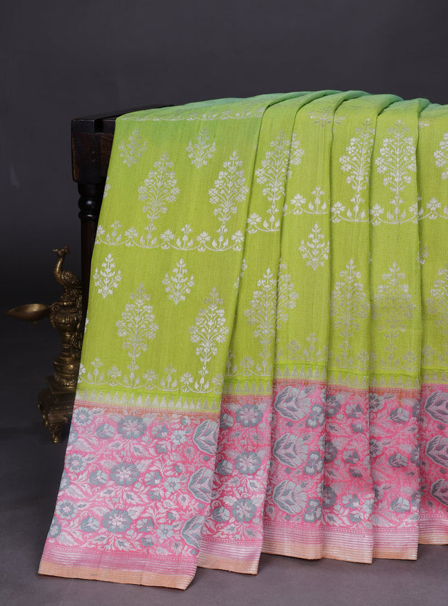 Lime Green And Light Green Banarasi Khaddi Tussar Saree