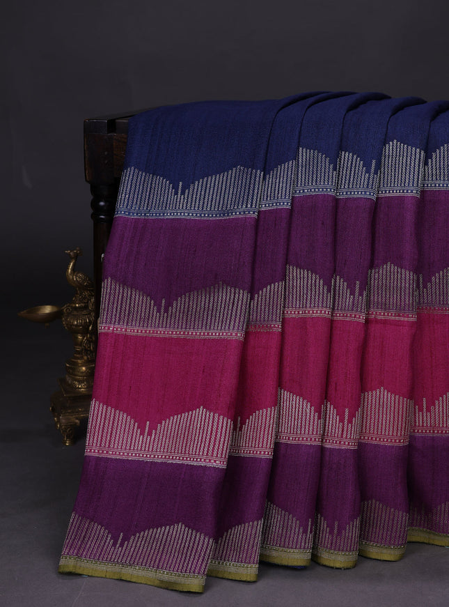Navy Blue-Pink And Purple Banarasi Khaddi Tussar Saree