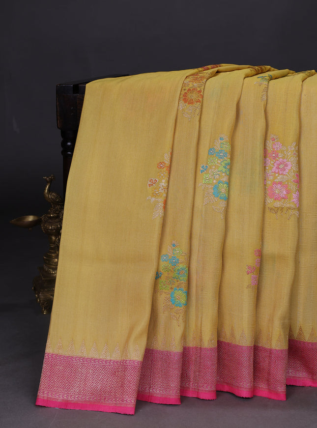 Yellow-Pink Banarasi Khaddi Tussar Saree