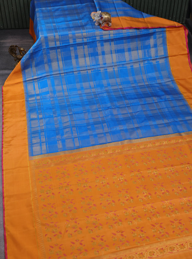 Turquoise Blue-Orange Pure Kanchipuram Silk Saree