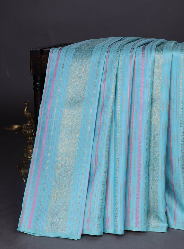 Teal Blue - Peach Pure Kanchipuram Silk Saree