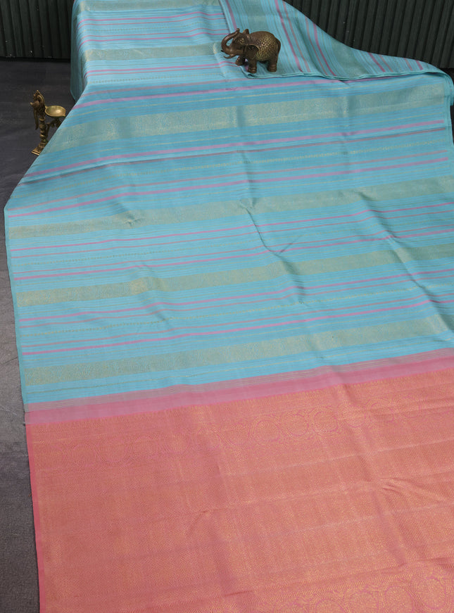 Teal Blue - Peach Pure Kanchipuram Silk Saree