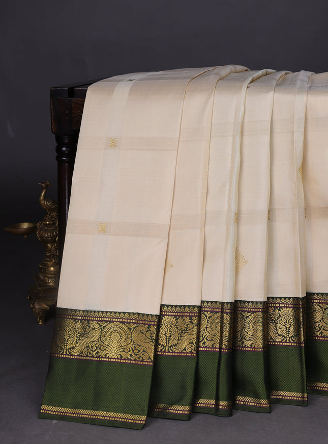 Beige-Bottle Green Pure Kanchipuram Silk Saree