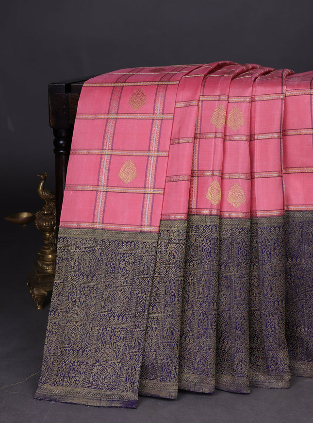 Peach - Navy Blue Pure Kanchipuram Silk Saree