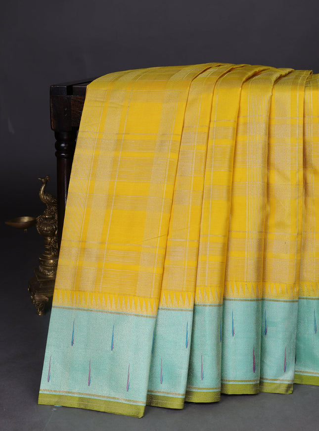 Yellow - Teal Blue Pure Kanchipuram Silk Saree