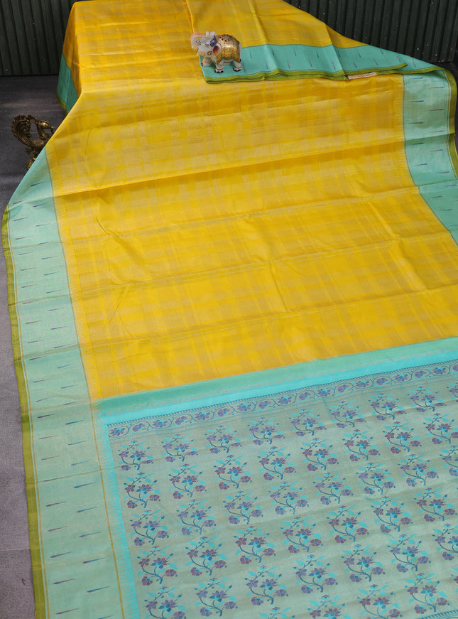 Yellow - Teal Blue Pure Kanchipuram Silk Saree