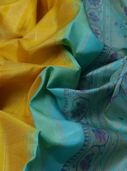 Yellow - Teal Blue Pure Kanchipuram Silk Saree