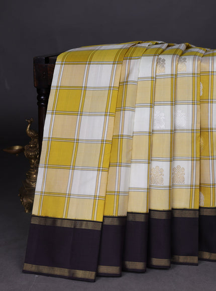Beige And Mustard - Black Pure Kanchipuram Silk Saree